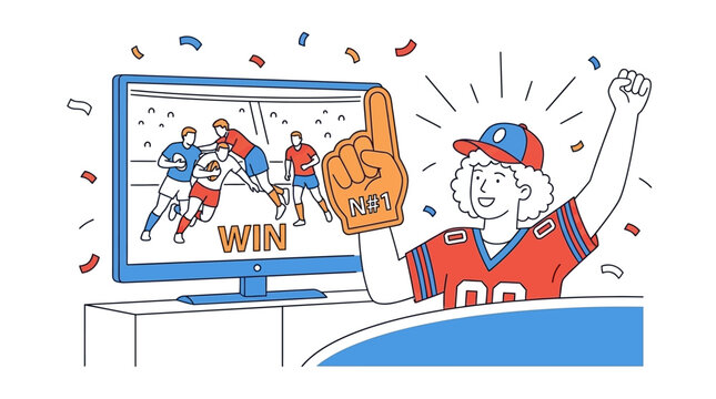 Enthusiastic American football fan cheering in a stadium wearing a blue foam finger glove to support their favorite team during a high energy game competition on a sunny day.