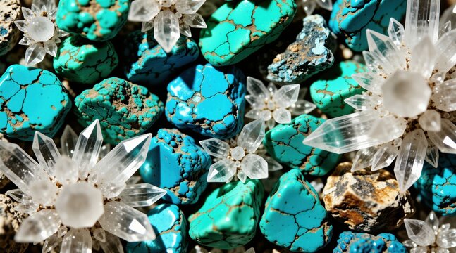 Raw turquoise stones and clear quartz crystals create a textured natural surface. Blue gems show matrix webbing. Shiny clear points form flower shapes against rough mineral background.