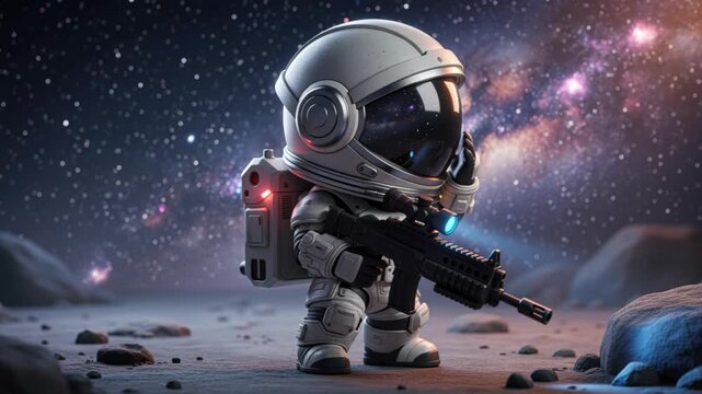 Space Soldier's Stance: A futuristic astronaut, clad in a white suit with a helmet reflecting the cosmos, stands firm on an alien terrain, holding a sci-fi rifle.