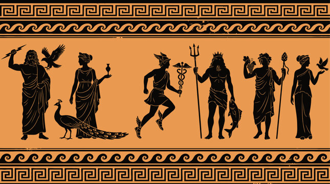 Comprehensive Set of Greek Mythology Deity Silhouettes Featuring Olympian Gods and Goddesses for Antique Historical Projects Ancient Hellenic Religion Icons Classic Hero Figures Graphic Asset