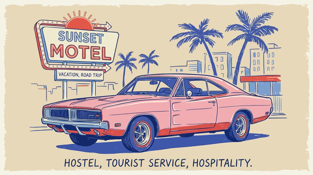 Vintage Handdrawn Vector Illustration of Classic Pink Muscle Car Coupe and Retro Neon Motel Sign