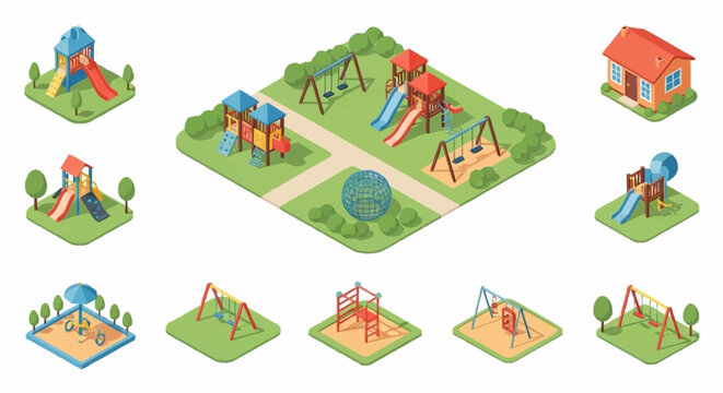 Colorful isometric playground with swings, slides, and sandboxes in a park.