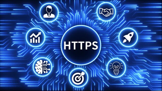 https icon surrounded by smaller icons for ai manufacturing strategy. A glowing neon, and manufacturing process management all connected in a digital circuit like pattern, 4k video 