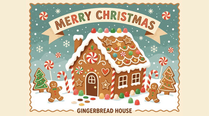 Fototapeta premium Festive Homemade Gingerbread House Decorated with Colorful Candy and Royal Icing for Christmas Celebration Card Traditional Winter Holiday Baked Dessert and Sweet Treat on Snowy Background