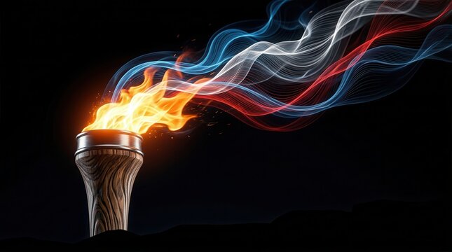 Olympic torch burning with bright flame and flowing Italian flag colors in an abstract smoke effect.
