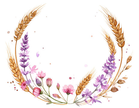 Rustic watercolor frame consisting of delicate wildflowers and ears of wheat, on a wh