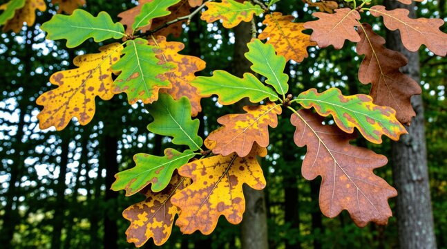 Oak leaves show autumn colors transition from green to yellow and brown. The foliage on branches displays natural seasonal change. Nature scene in forest with tree leaves changing color.
