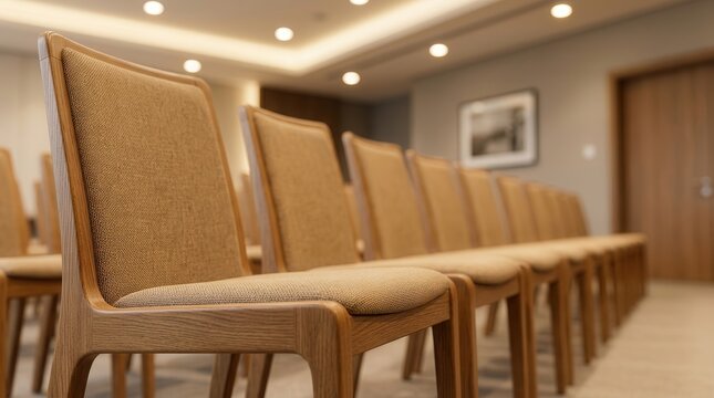 Row of empty chairs arranged in a meeting room for an upcoming event.