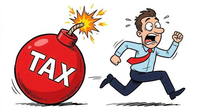 A cartoon illustration of fear and financial pressure showing a man running from a tax bomb.