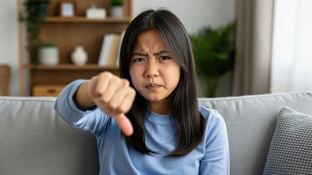 Disappointment Expressed: A young woman with a furrowed brow and a strong frown gives a thumbs-down gesture, conveying a clear message of disapproval and discontent.