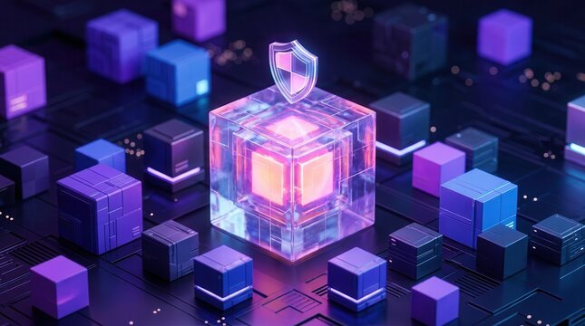 Futuristic open source building block cube with a glowing cybersecurity shield icon.