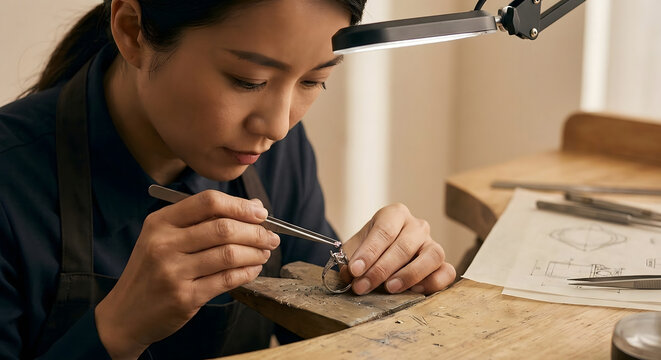 Joyera artesana concentrada colocando una piedra preciosa en un anillo en su taller