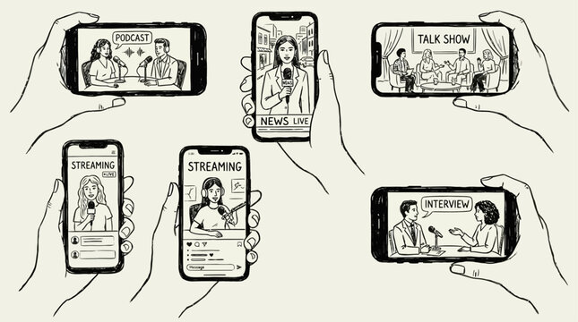 Close up of person hands holding smartphone displaying digital podcast stream with diverse speakers and professional microphones on screen for mobile news broadcast and media content watching