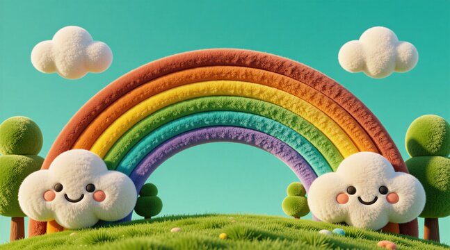 Fluffy cartoon rainbow with smiling clouds and trees on green grass. Bright pastel colors create a dreamy landscape perfect for kids content or abstract backgrounds.