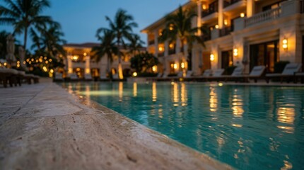 Fototapeta premium Serene evening at a luxury hotel pool with warm lights reflecting on the water