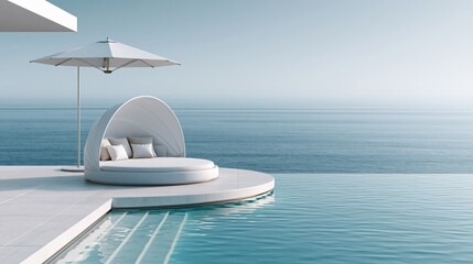 Fototapeta premium Modern Luxury Beachfront Villa with Infinity Pool and Outdoor Daybed with Ocean View