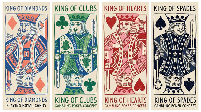 Royal Set of Four Kings Representing Hearts, Diamonds, Clubs, and Spades Suits in Classic Playing Cards Collection for Professional Poker Gaming, Casino Gambling, and Strategic Bet Competition.