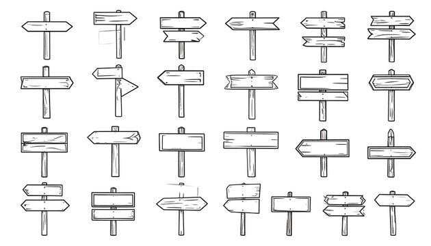 A collection of hand-drawn directional signs crafted from wood, presented in various shapes and arrangements, all in black line art