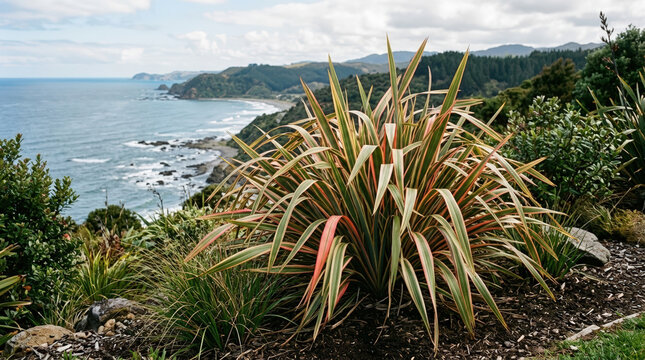 Phormium cookianum Tricolor plant on a coastal cliff. Scenic landscape view of New Zealand flax overlooking the ocean and rugged shoreline