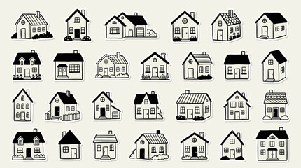 Fototapeta premium Collection of diverse miniature paper cut style house icons in a minimal flat cartoon aesthetic featuring simple geometric architectural structures and vibrant colorful rooftops isolated on white