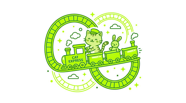 Cute Cat Driving a Toy Train with Bunny Passenger on Infinity Loop Track