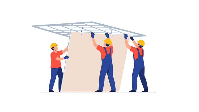 Construction workers installing a drywall panel onto a ceiling grid