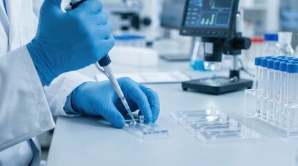 Fototapeta premium Close up of a scientist in blue gloves using a micropipette to load samples into a clear microfluidic chip on a lab bench