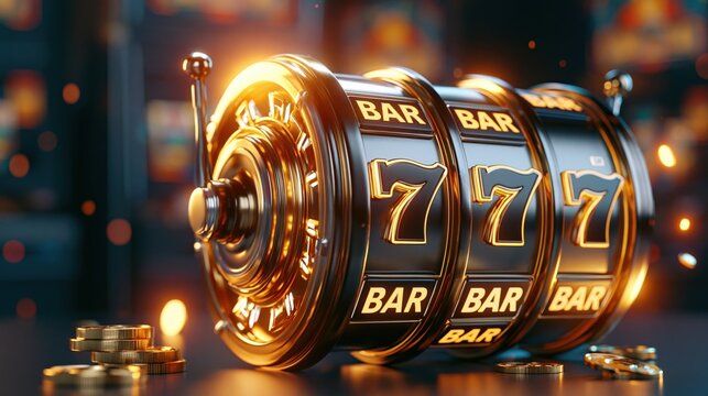 Golden Slot Machine Reels with Lucky 7s and Bars Symbols, Casino Gambling Concept