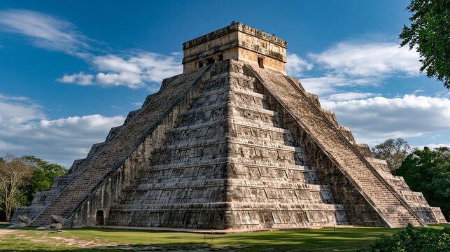 El Castillo pyramid stands tall in Chich&eacute;n Itz&aacute;, Mexico, a grand step pyramid.