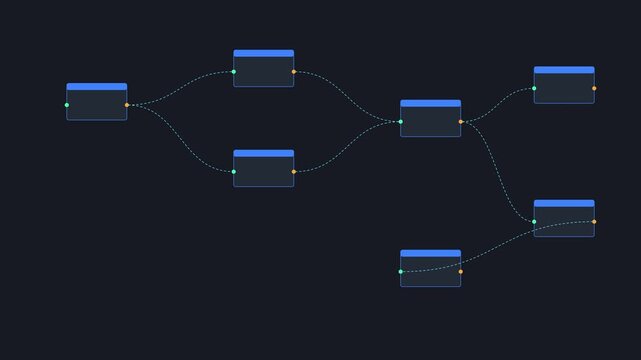 Animated data flow chart network diagram with connecting nodes and lines for technology and business process visualization animation 4k