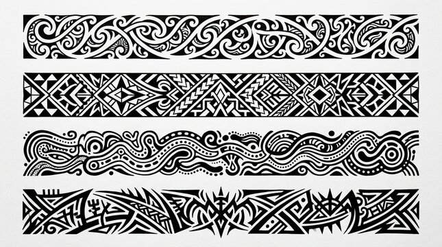 Set of black tribal patterns and border designs.