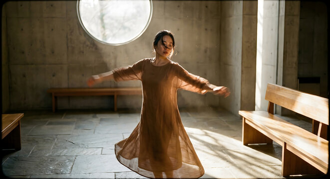 Mujer joven bailando con movimiento libre y un vestido vaporoso en un espacio minimalista de concreto con luz natural