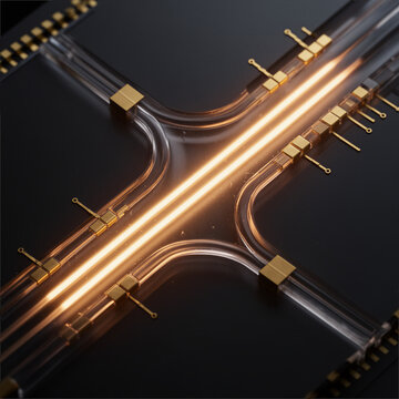 Silicon Photonics Microchip with Mach Zehnder Interferometer Splitting Laser Beam Optical Modulator and Waveguide Infrastructure for Next Generation AI Quantum Computing Close Up