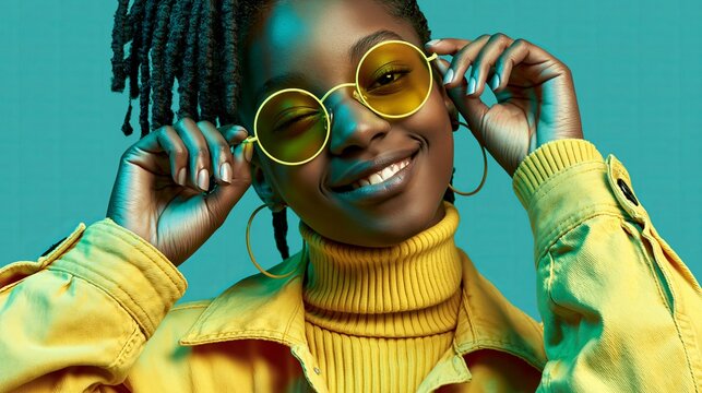 Girl in yellow clothes smiles at the camera, fixing her cool sunglasses. Background is blue-green.