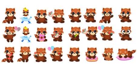Cute red panda illustration bundle character set with various poses like sleeping bathing eating donut holding heart balloons and flowers isolated on white background for kids design © Makoto Artist