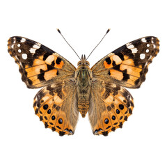Fototapeta premium Painted lady butterfly wings spread isolated on transparent background top view macro shot.