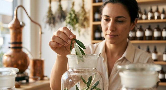 Mujer boticaria preparando aceites esenciales colocando hojas verdes en un frasco de vidrio para destilaci&oacute;n en su taller de cosm&eacute;tica natural