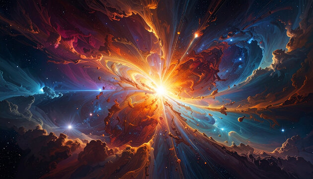 Cosmic explosion with vibrant colors and starry night sky