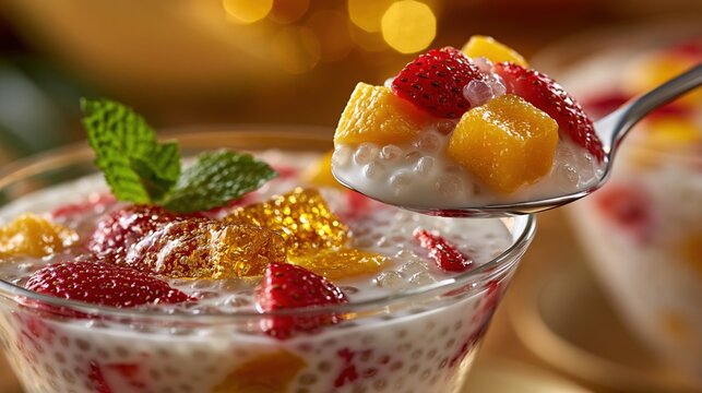 Delicious Fruit and Tapioca Pudding Dessert with Mint Garnish