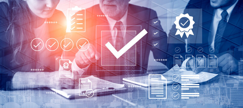 A business team collaborates in a modern workspace, using digital tools and checkmarks to emphasize success and quality assurance in their project efforts. Gantry