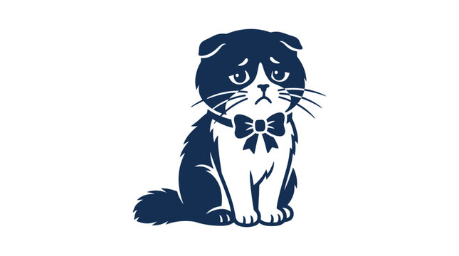 Sad Scottish Fold Cat with Bow Tie, Vector Illustration