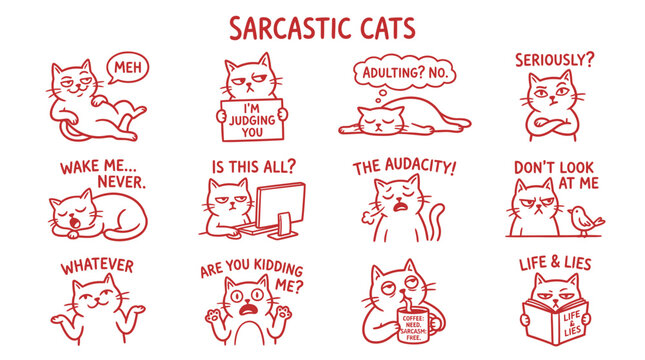Sarcastic Cats Collection: Funny Feline Expressions and Sayings - Vector Art