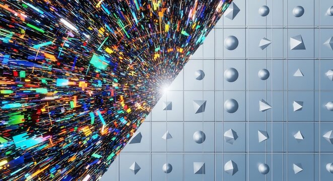 Abstract digital tunnel with colorful particles and geometric shapes