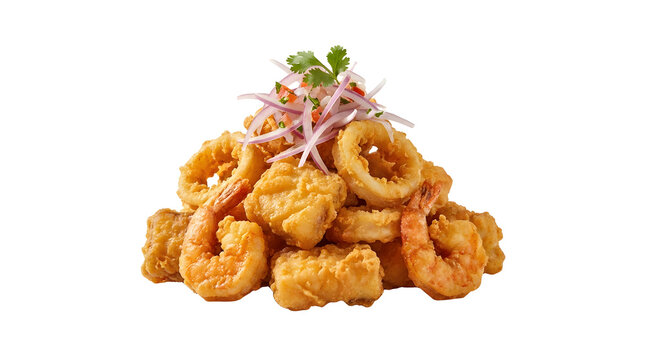 Jalea Mixta traditional Peruvian crispy deep fried seafood platter topped with fresh red onion salsa and cilantro garnish isolated on a solid white background