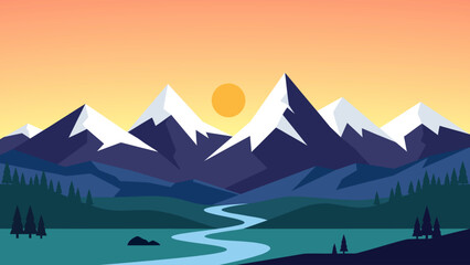 Peaceful mountain valley scene with sunrise, river flow and forest silhouettes. Ideal for tourism promotions, hiking themes and natural backgrounds. © yossi