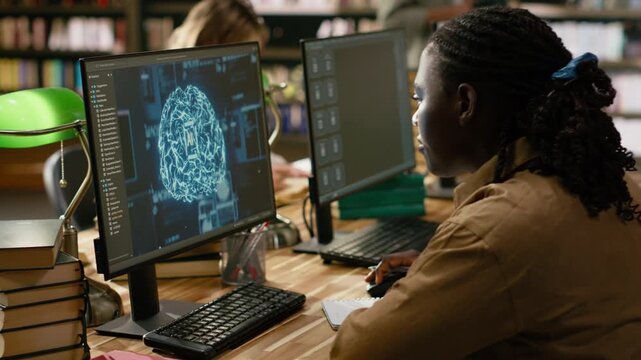Black student working with AI brain display on desktop in library, studying automation in computer class with peers, for education technology.