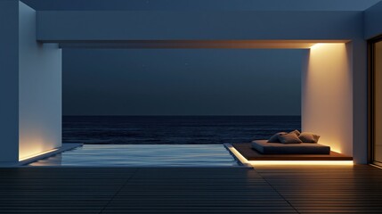 Fototapeta premium Modern Luxury Infinity Pool Overlooking Ocean at Dusk with Ambient Lighting
