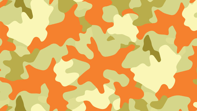 Abstract seamless military camo pattern with bright orange, khaki olive green and cream beige colors. Modern trendy camouflage texture for hunting apparel and textile print.