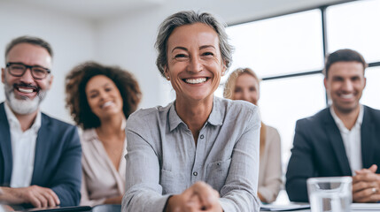 Obraz premium Diverse Business Meeting: Smiling Female Inspiring Team Efforts