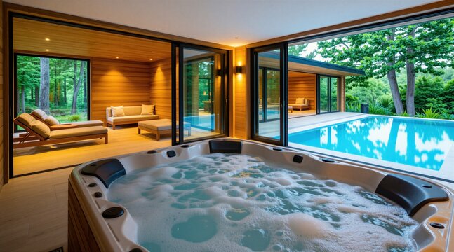 Bubbling jacuzzi indoors beside bright blue outdoor swimming pool. Modern wooden spa house with lounge area and sunbeds overlooking forest nature.
